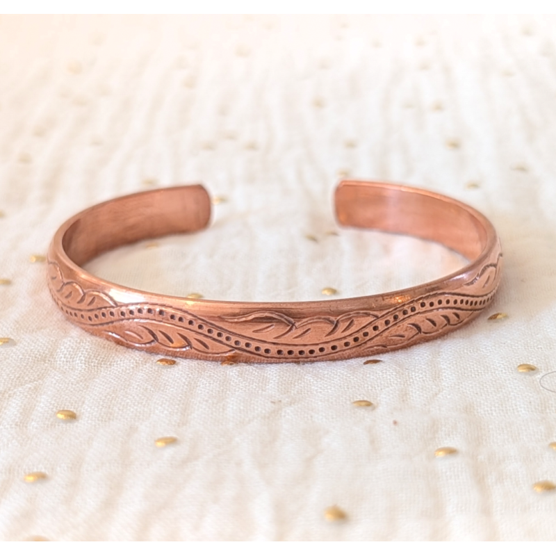Bracelet feuilles en cuivre pur gravé
