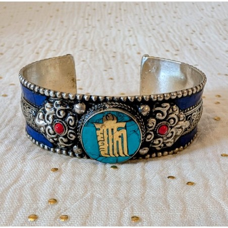 Bracelet manchette tibétain Kalachakra — Turquoise et lapis-lazuli