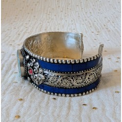 Bracelet manchette tibétain Kalachakra — Turquoise et lapis-lazuli