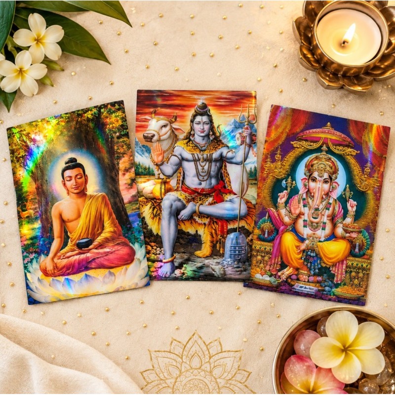Lot de 3 cartes lenticulaires 3D divinités & sagesse (format carte postale) — Bouddha, Ganesh & Shiva