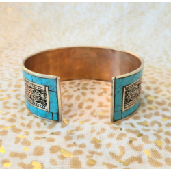 Bracelet jonc tibétain mantra Om Mani Padme Hum en cuivre & mosaïque turquoise
