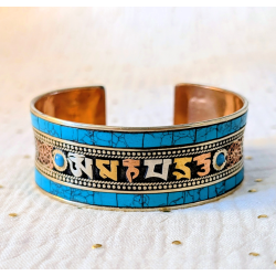 Bracelet jonc tibétain mantra Om Mani Padme Hum en cuivre & mosaïque turquoise