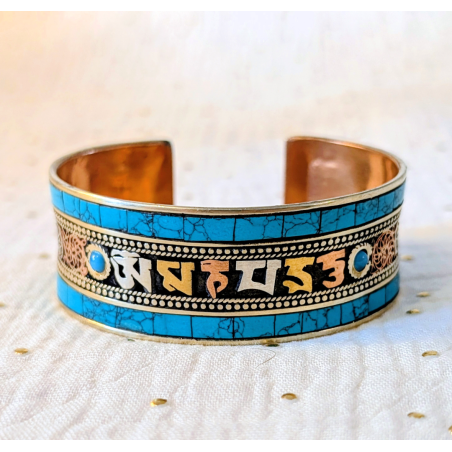 Bracelet jonc tibétain mantra Om Mani Padme Hum en cuivre & mosaïque turquoise