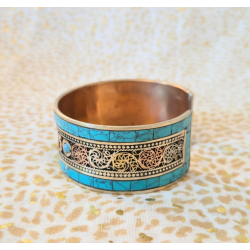 Bracelet jonc tibétain mantra Om Mani Padme Hum en cuivre & mosaïque turquoise