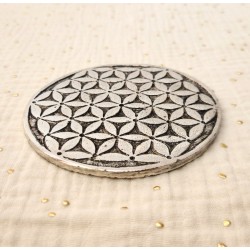 Porte-encens disque Fleur de Vie en métal sculpté patiné