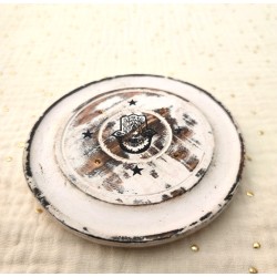 Porte-encens rond en bois blanchi Main de Fatma (Hamsa)