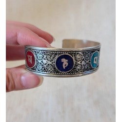 Bracelet Om Mani color circle - Manchette tibétaine argentée