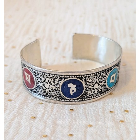 Bracelet Om Mani color circle - Manchette tibétaine argentée